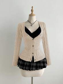 Elamini Áo khoác cardigan dáng ôm màu trơn thời trang dành cho nữ - Màu Khaki - Xem 4