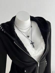 Elamini Women's Casual Versatile Commuter Gothic Style Rivet Decor Zipper Front Hooded Fleece Jacket, Autumn/Winter - Black - View 6