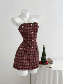 女式金属扣装饰格子抹胸 A 字迷你连衣裙 - 彩色 - 查看 4