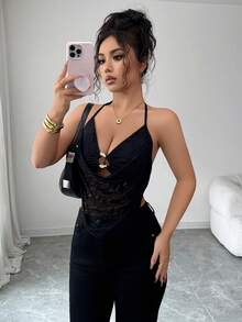 Rafferiza 女士优雅性感内衣外穿黑色蕾丝金属扣镂空领露背吊带上衣，适合秋冬季节、新年、感恩节派对、婚礼等场合，尽显优雅气质。 - 黑色 - 查看 4