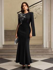 ZEYLAH 优雅串珠刺绣开衩袖收腰连衣裙，秋冬 - 黑色 - 查看 5