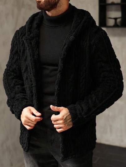 Manfinity Homme 男士加绒连帽休闲长袖抓绒外套，秋冬黑色外套