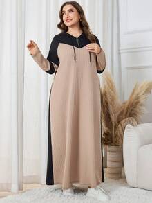 Lacomfia 大码休闲针织提花拼色连帽长袖宽松中长连衣裙，春秋季 - 彩色 - 查看 5