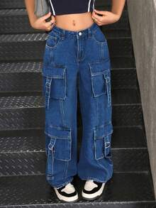 SHEIN 少女撞色缝线黑色牛仔工装裤，宽松版型，低腰，直筒 - 深色水洗藍 - 查看 1