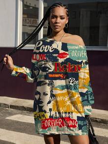 Slaydiva Casual Vintage Poster Graphic Print Plus Size Women Shoulder Strap Dress, Streetwear, Y2K All Over Print Dress Graphic Dress Women Dress Fashion Dress - Multicolor - View 8