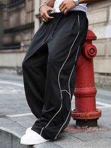 Manfinity Roghcode 男士休闲畅销新款裤子，INS高街嘻哈风格，白色抽绳，黑色面料，适合所有季节和日常搭配，送给男朋友/老公的必备礼物，男士休闲装，Y2K - 黑色 - 查看 6
