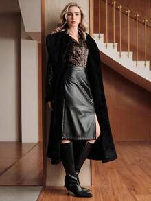 Uhlyne Damjacka PU-komposit lapptäcke vinter fuskpäls krage fickor mode casual gatustil slag fleecekappa - Svart - Visa 5