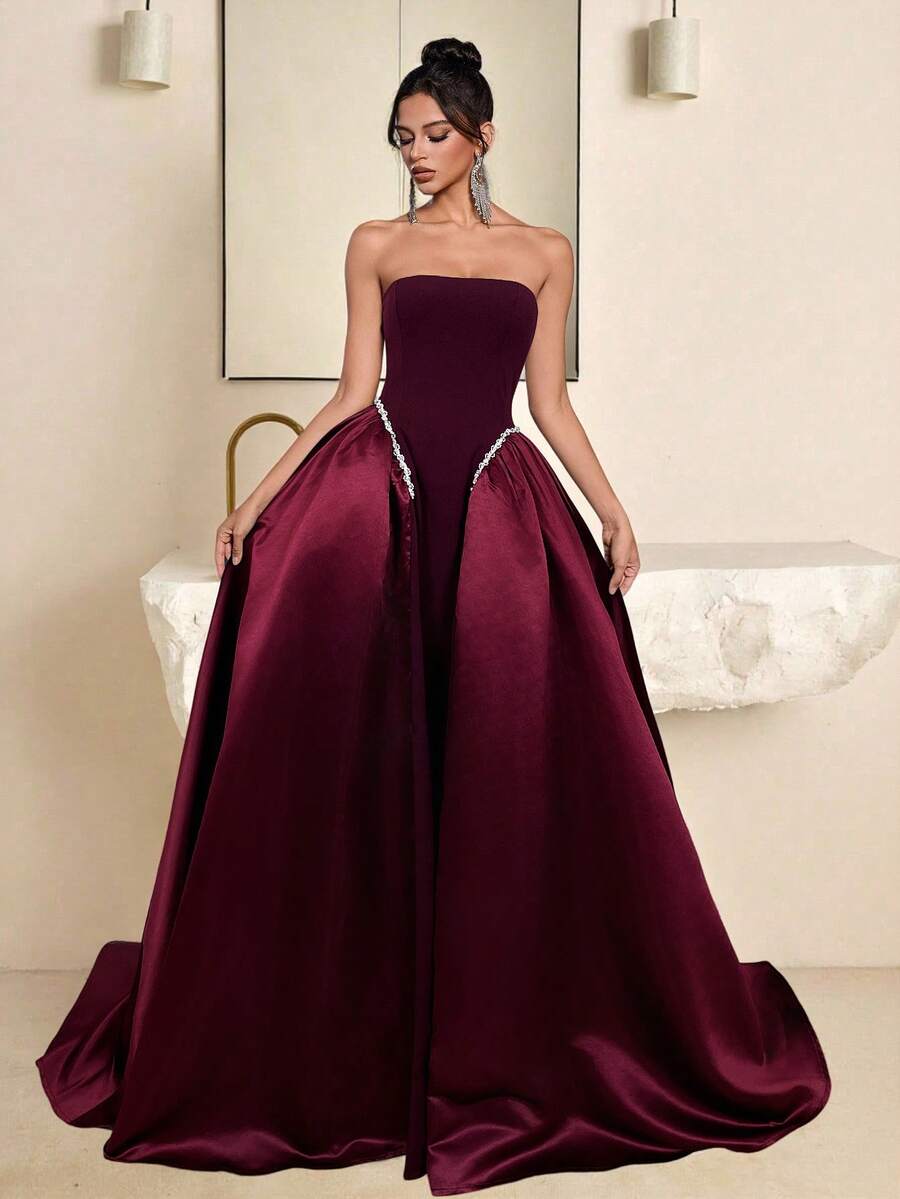 Vowa Váy chữ A xòe siêu dài đính hạt màu trắng sang trọng, phối ren đen thanh lịch, có dây buộc phía sau có thể điều chỉnh, thích hợp cho các buổi hẹn hò, tiệc độc thân, đám cưới, sự kiện, kỳ nghỉ, mùa tựu trường, dạ tiệc trang trọng - Màu Đỏ Sâu - Xem 1