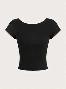 SHEIN Essnce 4 piezas de camisetas de cuello redondo ajustadas de unicolor con contraste, con espalda descubierta y calado, adecuadas para primavera/verano