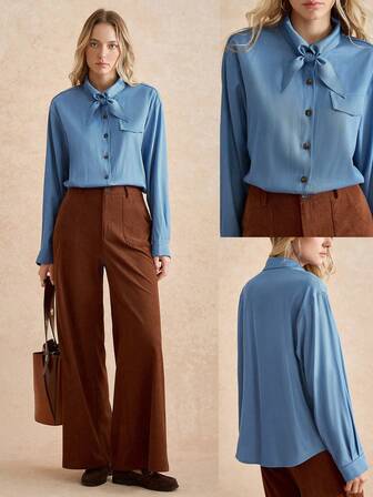 Écloséra 复古法式宽松设计领水洗蓝色女式衬衫，纽扣式休闲女式衬衫，秋季/春季