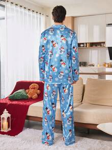 CoupledUp 男士可爱圣诞雪人雪花印花翻领缎面长袖上衣和裤子睡衣套装 情侣睡衣套装 秋冬服装 男士睡衣 - 藍色 - 查看 2