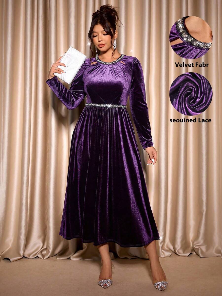 Cravure Plus Size Women's Solid Color Velvet Patchwork Rhinestone Ruffle Trim Round Neck Puff Sleeve Pleated Waist Maxi Dress, Suitable For Party And Gathering - Purple - View 1