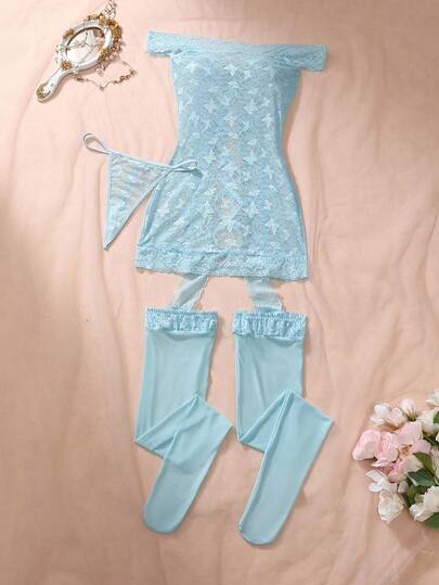 DelicateAllure Lingerie Set: Kanten Patchwork Criss Cross Strap Off Shoulder Nightgown String, Verleidelijke Charming Women, Going Out Cozy Elegante view 3