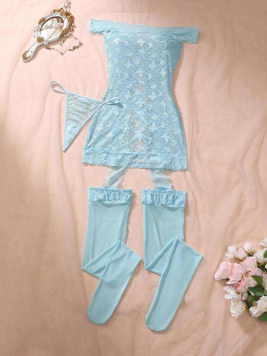 DelicateAllure 2 件套内衣套装：蕾丝拼布交叉带露肩睡袍 + 丁字裤，性感迷人，适合女性外出 - 淺藍色 - 查看 1