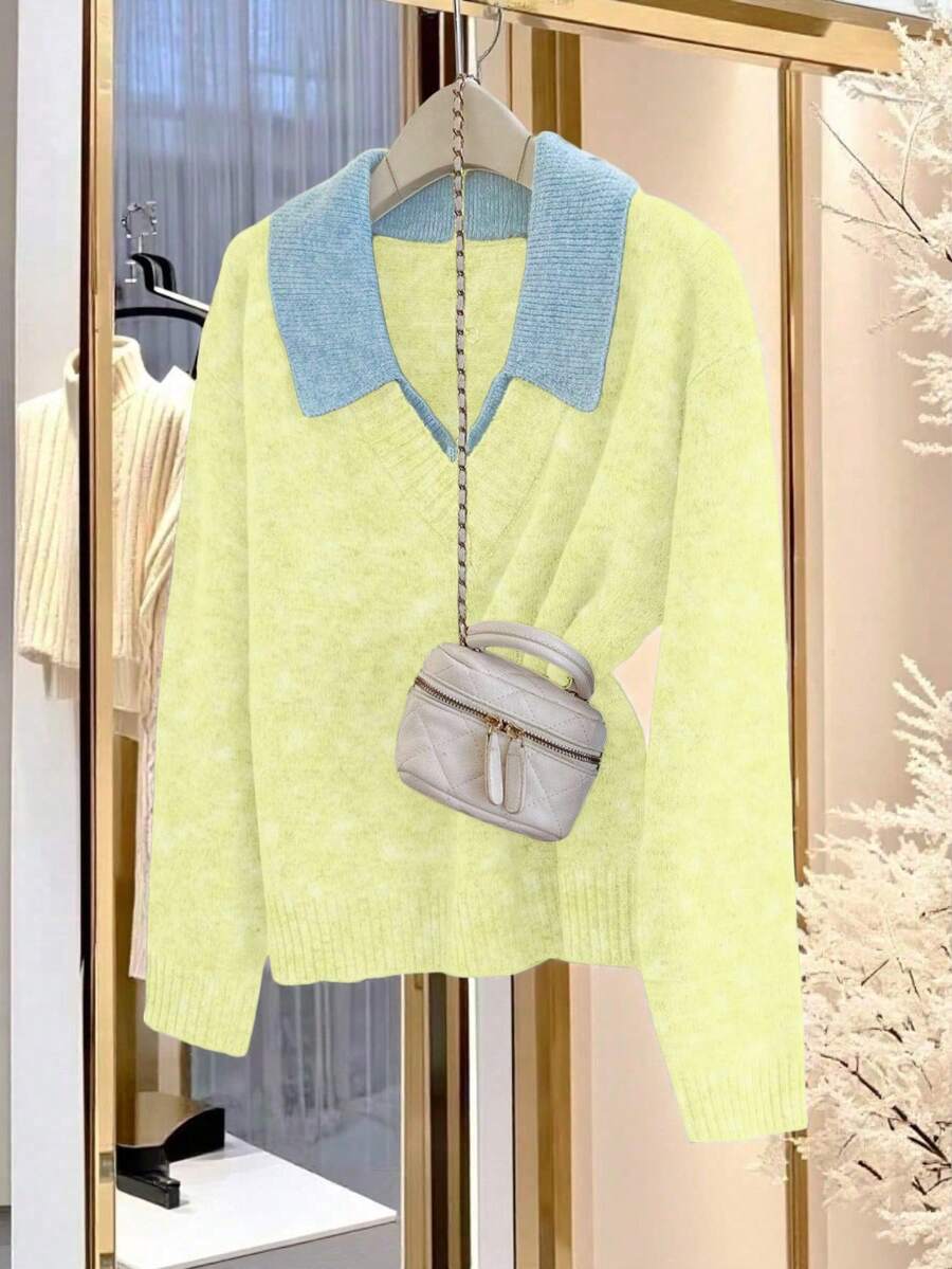 SHEIN LUNE V-Neck 2 In 1 Long Sleeve Sweater, Autumn/Winter - Light Yellow - View 1