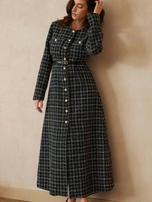 BELROSIE Elegant Autumn Black And White Checkered English Style Plaid Cross Pattern Metal Buckle Thick Fabric Double Pocket A-Line Long Sleeve Dining Dress - Black and White - View 4