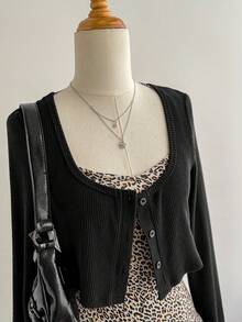 Elamini Bộ đồ hai mảnh họa tiết da báo đen hở lưng, ôm sát, viền xếp nếp, ren, chắp vá, áo crop top cài nút phía trước, thời trang thu đông cho nữ, dự tiệc đi làm, trang phục dạo phố thanh lịch, cổ điển, tốt nghiệp hàng ngày - Nhiều màu - Xem 6