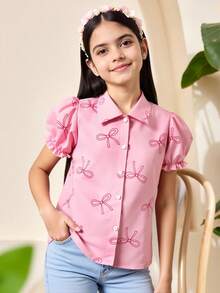 女孩粉色蝴蝶结印花短款泡泡袖纽扣衬衫