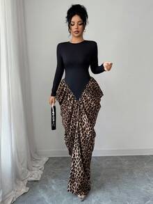 Elenzga 女士黑色针织面料拼布豹纹圆领褶饰腰部优雅连衣裙，适合生日礼物、约会、派对、正式场合、鸡尾酒会、音乐节、独立日、网络星期一、万圣节、单身节、返校派对、平安夜、感恩节、圣诞节、排灯节、秋季连衣裙 - 彩色 - 查看 5