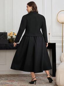 Modelyn Set elegant și chic, stil coreean, cu guler mandarin, mâneci lungi, mâneci bufante, jachetă metalică cu un singur nasture și fustă plisată în linie A, vintage, pentru navetiști - Negru - Vizualizare 2
