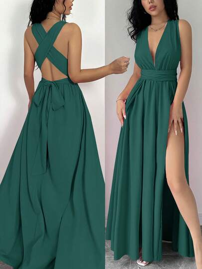 Rafferiza Vestido maxi formal con escote espalda descubierta y abertura lateral en esmeralda para fiesta y vacaciones