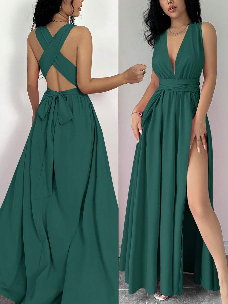 SHEIN Raffinéa Sexy Backless Split Hem Maxi Emerald Dress Formal For Holiday And Party - Dark Green - View 1