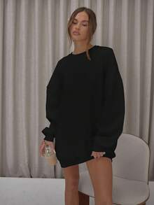 MUSERA Oversized Cut Out Back Open Armhole Sweatshirt Dress Classy Cute Sexy Streetwear Night Out Evening Party Sweater - Black - View 5