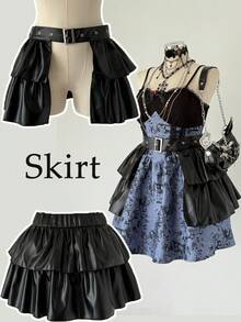 Sunspun Fall/Winter Elegant Gothic Mini Skirt, Double-Layer Pleated Design With Eyelets Waistband, Belted Skirt - Black - View 1