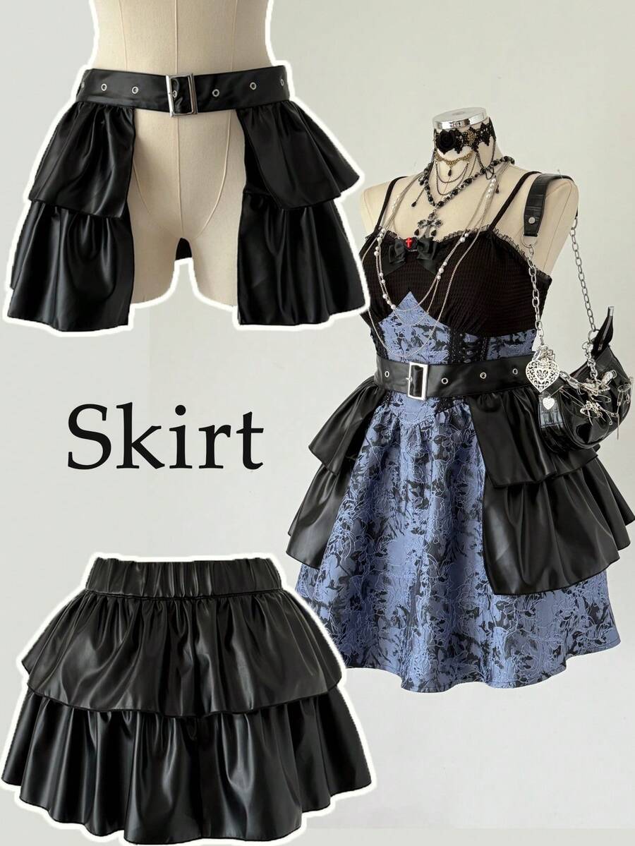 Sunspun Fall/Winter Elegant Gothic Mini Skirt, Double-Layer Pleated Design With Eyelets Waistband, Belted Skirt - Black - View 1