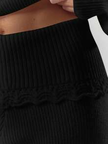 MUSERA Rib Knit Crochet Detail Foldover Waistband Wide Leg Trousers Bottom Only Cosy Cute Casual Coffee Club Evening Party Elegant   Spring - Black - View 6