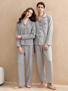 EverLounge Women's Collared Bubble Chiffon Pajama Set, Retro British Style Long Sleeve Top And Pants Fall Winter Clothes - Black and White - View 2