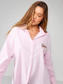 Missguided x Playboy Women's Oversized Button-Down Blouse With Vertical Striped Pattern And Chest Patch Long Sleeve Top - Pink - View 3