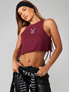 Missguided x Playboy Burgundy Sleeveless Tank With Bunny Rhinestone Print And Side Tie Details - Burgundy - View 4