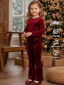 LMoss Kids LMoss   2pcs Young Girl Solid Color Round Neck Pleated Casual T-Shirt And Flared Pants Set,Girl Velvet Set,Christmas,Styles Confortables D'automne&Hiver,Gemütliche Herbst- & Winterstile,Cozy Fall & Winter Styles
