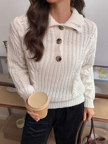 Elyressa Women's Button Decor Long Sleeve Twist Rope Stand Collar Sweater - Apricot - View 4