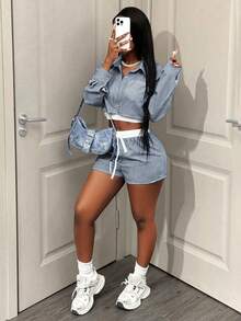 BamGleam 2 piezas Conjunto informal de top corto con botones y pantalones cortos a rayas para mujer - Neblina azul - Ver 5