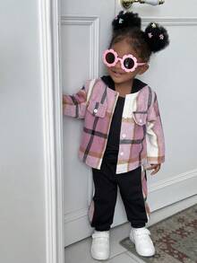 SHEIN 2 pièces Ensemble veste à capuche rose à carreaux patchwork et pantalon à taille élastique pour bébé fille, doux et polyvalent, vêtements de bébé fille pour le printemps/automne/hiver