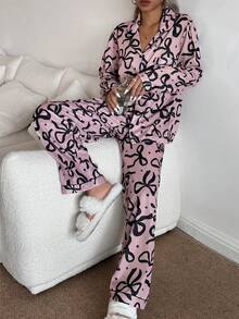 SHEIN 蝴蝶结星星印花翻领长袖上衣和裤子睡衣套装 秋冬服装 - 藕粉色 - 查看 6