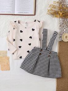 SHEIN Top à manches longues avec motif de cœur en tricot côtelé vintage doux pour bébé fille + Jupe salopette pied-de-poule, convient pour les sorties quotidiennes et les rassemblements familiaux, automne/hiver