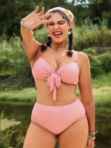 Swim Mod Plus Size Women Underwire Supportive Halter Bikini Set With Tie-Front, Solid Color Sexy Swimsuit For Pool & Beach, Summer