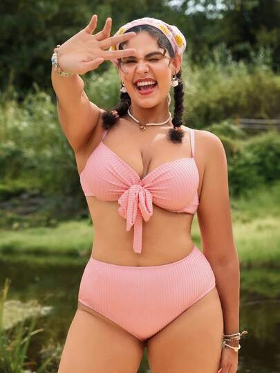 Swim Mod 加大码女式钢圈支撑吊带比基尼套装，前系带，纯色性感泳衣，适合泳池和海滩，夏季