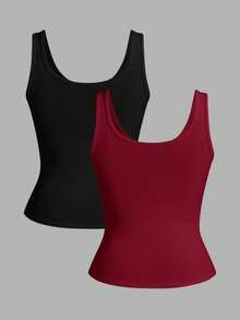 Slaydiva 3件装 黑色+白色 休闲基本款工字背心 无袖 深V领 罗纹 女式背心 - 彩色 - 查看 2