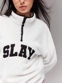 Teen GirlCasual Street Style Letter Embroidered Contrast Color Fleece Pullover Sweatshirt, Versatile For Student Autumn/Winter
