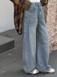 DAZY 青少年女童高腰口袋阔腿宽松休闲百搭牛仔裤 - 中等水洗藍 - 查看 3