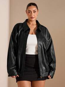 SHEIN BAE 大码女式纯色落肩长袖前拉链宽松休闲 PU 皮夹克，秋季 - 黑色 - 查看 5