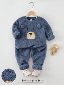 Cozy Pixies 2pcs/Set Young Boy Cartoon Bear Print Thermal Lined Crew Neck Long Sleeve Sweatshirt And Elastic Waist Ankle Cuff Pants Set Baby Boy Sets Terry Cloth Set Boys Sets Boy Clothes Set Winter Boys Outfit - Dusty Blue - View 4