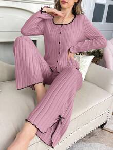 女士休闲加绒长袖上衣和裤子家居服两件套睡衣套装，女士两件套长袖家居服套装，冬季服装 - 藕粉色 - 查看 5