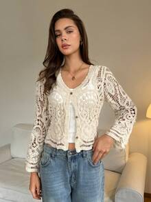 SHEIN Tall 女士度假休闲镂空钩针开衫秋冬装 - 杏色 - 查看 8