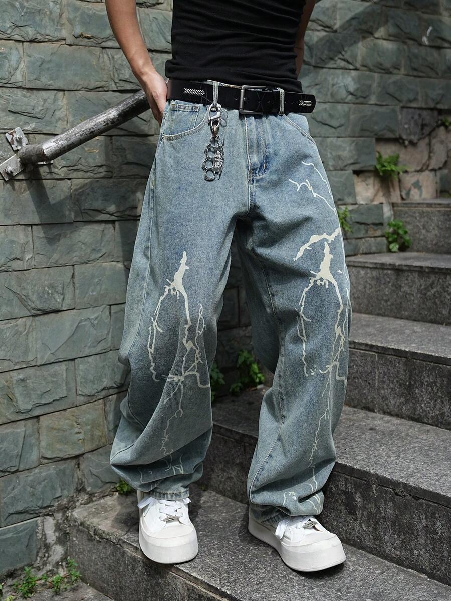 Manfinity EMRG Loose Men's Lightning Print Wide Leg Jeans - Light Wash - View 1