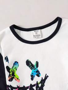 SHEIN 2 件套儿童/青少年男童休闲日常舒适印花图案圆领长袖上衣和紧身裤针织家居服套装 - 黑與白 - 查看 5